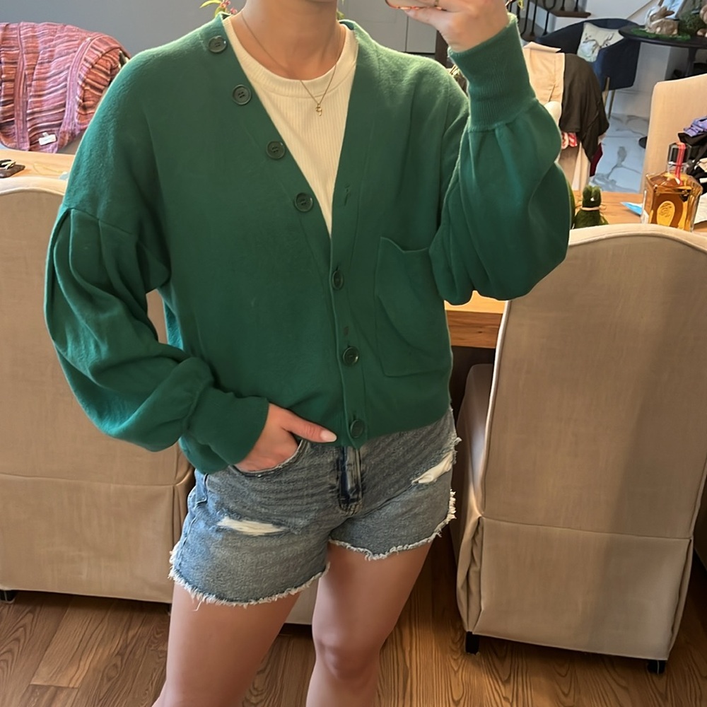 Tibi Green Cardigan with V-Neck and Relaxed Fit